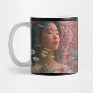 Girl with flowers on her head in the garden Mug